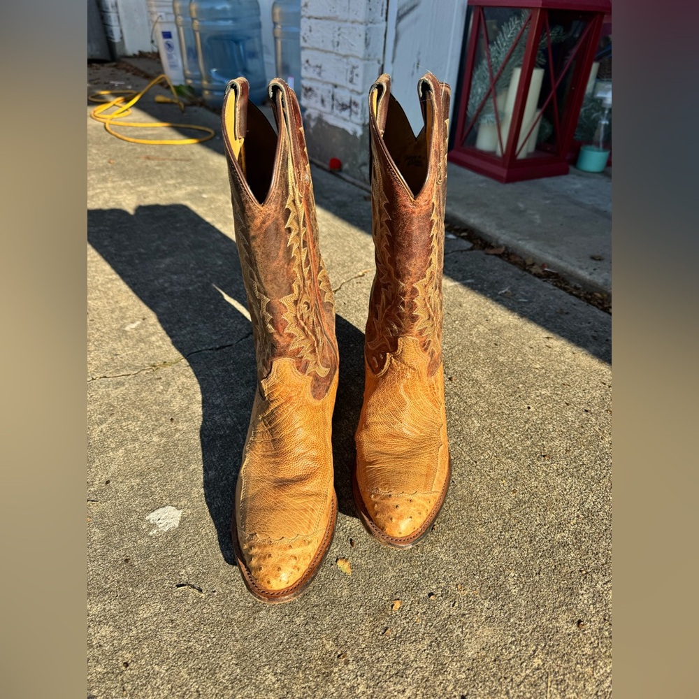 Tony Lama Y2055 9.5EE Brown Quill Ostrich Overlays Western Cowboy Boots
